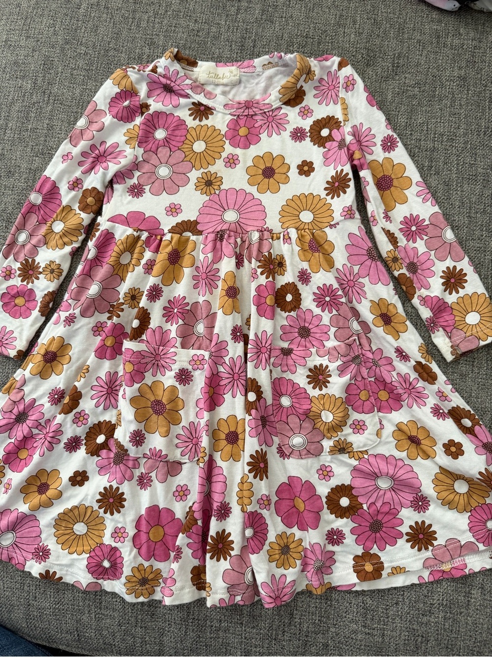 Tullabee Girls' Pink Brown Bamboo Floral Long-Sleeve Twirl Dress pockets 12-18m